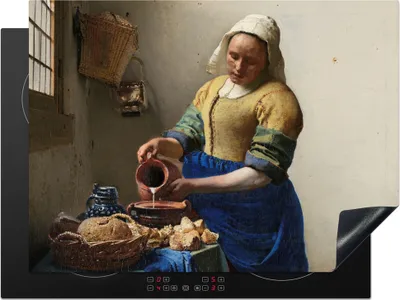 Produktbild von KitchenYeah© Herdabdeckplatte Das Milchmädchen - Gemälde von Johannes Vermeer , 71x52cm, Küche Deko, Glaskeramikkochfeld Herdabdeckung, Abdeckplatte fùr Kochfeld