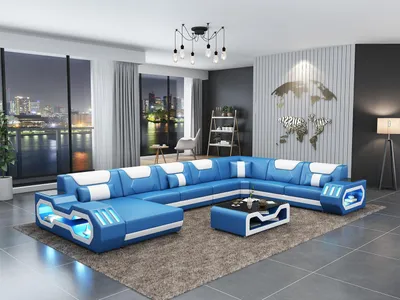 Productafbeelding van Eckbank, U-vormige bank, salontafel, modern design, grijs, bekleding van leer, woonkamer set