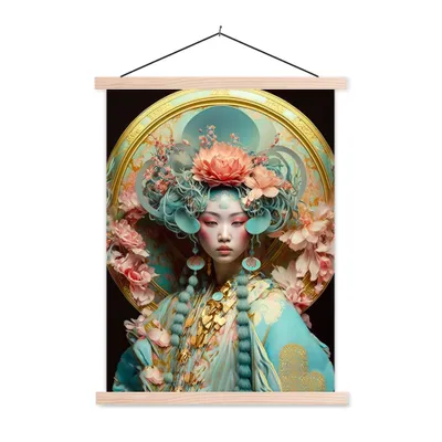 Produktbild von MuchoWow® Textilposter Frau - Blumen - Rosa - Porträt - Asiatisch 120x160 cm mit holzfarbenen Rahmen - Plakatkarton