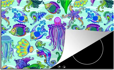 Produktbild von KitchenYeah© Herdabdeckplatte Tiere - Regenbogen - Fische - Muster , 80x52cm, Küche Deko, Glaskeramikkochfeld Herdabdeckung, Abdeckplatte fùr Kochfeld