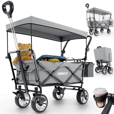Produktbild von ONBEST Bollerwagen | faltbar | mit Dach | mit Regenschutz | 100 kg | Kühltasche | Wetterfest | UV30+