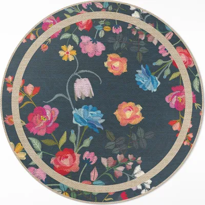 Produktbild von Bunte gestickte Blumen– Vinylteppich – Indoor Teppich – Flur – Pflegeleicht – Runder Teppich – PVC Teppich – Outdoor Teppich – Pflegeleicht – fi 150cm