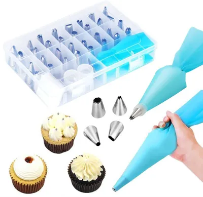 Produktbild von Spritztüllen Set, 38 Stücke Professionelles Set Tüllen Aufsätze, Silikon Spritzbeutel, Einwegspritzbeutel, Cakeup Förmecen für Cookies Pralinen, Plärzchen