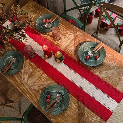 Zdjęcie produktu dla Bawełniany bieżnik w stylu boho, beżowo-czerwony, szydełkowany, prostokątny, z frędzlami