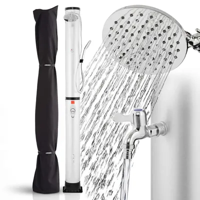 Immagine prodotto di Doccia solare AREBOS da 40 L argento con termometro – Doccia da piscina e da giardino con getto a pioggia, doccetta, doccia per i piedi e soffione a 360°, con copertura inclusa