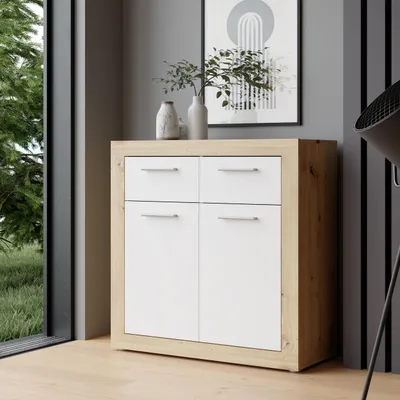 Produktbild von Forte BACCIO Kommode 80 85, modernes Sideboard für Wohn-/Schlafzimmer, 2-türig, 2 Schubladen, Holzwerkstoff, Artisan Eiche Holzdekor|Weiß, 152,7 cm breit x 85,5 cm hoch x 41 cm tief