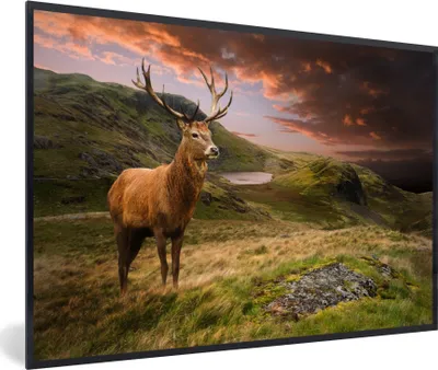 Produktbild von MuchoWow® MuchoWow® Gerahmtes Poster Hirsche - Berge - Natur 30x20 cm - Poster mit zchwarzem Bilderrahmen - Kunstdruck - Bild-Poster