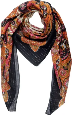 Produktbild von Baumwolltuch Paisley Blumen Muster02 schwarz bunt Lurex silber quadratisches Tuch