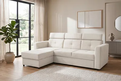 Produktbild von POCKET Universelles Ecksofa 230x165 cm L-Form mit Schlaffunktion, Bettkasten & Verstellbaren Kopfstützen, Hellbeige – Enjoy New 01