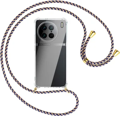 Produktbild von Handykette Backcover-Schutzhülle mit Band (Metall goldfarben) für vivo X90 Pro (V2242A, 6.78'') - blau+beige
