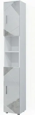 A tall, narrow cabinet with two doors and two open shelves.