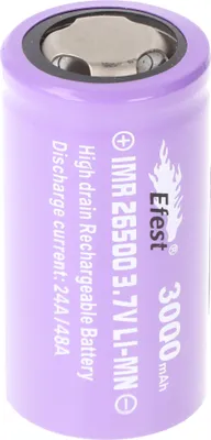 Obrázek produktu pro Efest IMR 26500 Li-Ion 3,6V - 3,7V 3000mAh s plochým kladným pólem, rozměry 50,07x26,26mm Poznámka