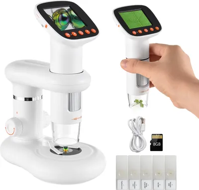 Obrázek produktu pro Stolní dětský mikroskop, ruční digitální mikroskop pro děti s 2,0palcovým LCD displejem, zvětšení 50x až 1000x, 2M fotografie, video 1080P, vestavěná dobíjecí baterie, LED výplňové osvětlení s nastavitelnou základnou, 8GB TF karta