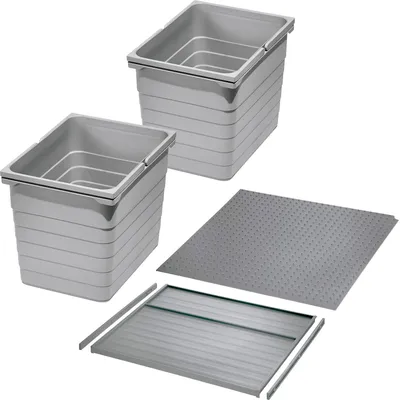 Produktbild von Ninka Abfalltrennsystem eins2vier KB 500 mm, Seitenstärke 16 mm Höhe 310 mm 2x 17L, 1x 50er Bodenplatte, 1x 50er Deckelplatte, 2x Führungsleiste alugrau für Blum Tandembox von SOTECH