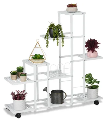 Produktbild von Blumenständer auf Rollen, H x B x T: 91,5 x 93 x 26 cm, Metall, 9 Ablagen, Zimmerpflanzenständer, weiß