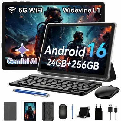 Productafbeelding van KINGRID Android 16 tablet met toetsenbord, 24 (8+16) GB RAM + 256 GB ROM (2TB TF-kaart), 10-inch gaming tablet, 5000 mAh batterij, Gemini AI, Widevine L1, 5G-WiFi, gezichtsherkenning