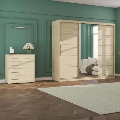 Produktbild von Schwebetürenschrank 250 cm Alba in Sonoma/Sonoma mit Spiegel und LED, inkl. Kommode Frida 90 cm