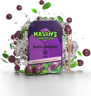 Produktbild von Massiv's Zahnstocher - Zahnstocher mit Geschmack – BLACK LEBANESE Grape Mint – 100 aromatisierte Zahnstocher – frischer Atem – stylische Metalldose – vegan, zuckerfrei, kalorienfrei