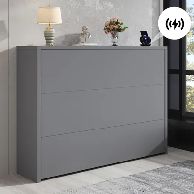 Image de MODFU Bureau pliable - Bureau avec Chargeur Sans Fil et Meuble de Rangement 2-en-1, Roulettes et Sécurité Anti-Basculement - 115 x 27 x 93 cm - Gris
