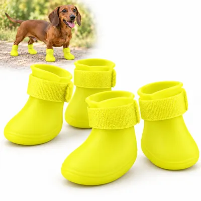 Produktbild von Hundeschuhe aus Silikon 4er-Set, wasserabweisend mit Klettverschluss & rutschhemmender Sohle – Pfotenschutz für Regen & Matsch – Gelb, Gr. XL
