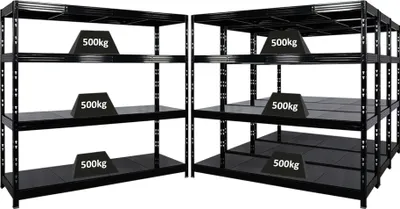 Produktbild von Mega Deal | 4x Profi Schwerlastregal Rhino | HxBxT 180x200x60cm | 4 Stahlplatten-Ebenen | Fachlast 500kg | Schwarz