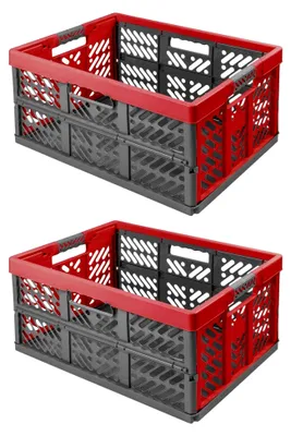 Produktbild von 2X Stabile Profi Klappbox 45L - 54 x 37 x 28 cm - Einkaufskiste klappbar mit Soft-griffe - Transportkiste stapelbar Rot/Anthrazit