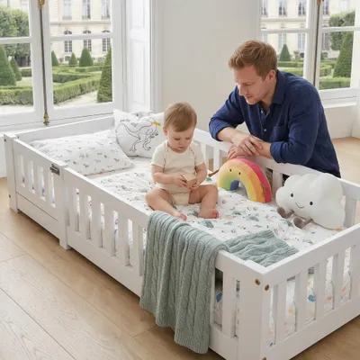 Productafbeelding van Moonbite kinderbed 90x200 cm, wit, met deur en spijlen – Scandinavische stijl, veilig, AI-gegenereerde afbeelding