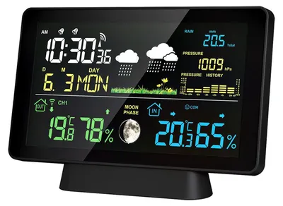 Obrázek produktu pro Bezdrátová meteorologická stanice 8 v 1 – vnitřní/venkovní teploměr, teplota, vlhkost, čas, datum, signál rádia, atmosférický tlak, zobrazení fáze měsíce, srážkoměr, digitální předpověď počasí, budík s 7,5palcovým barevným dotykovým displejem a nastavitelným podsvícením