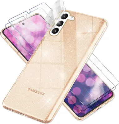 A gold glitter phone case with screen protectors and camera protectors.