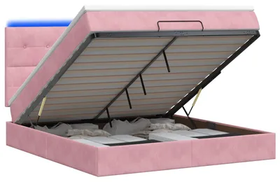 Image de Lit avec rangement et matelas LED rose, dimensions 140 x 190 cm, revêtement en velours