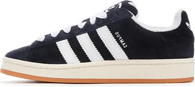 A side view of a navy blue Adidas Campus sneaker with white stripes and laces, set against a white background.