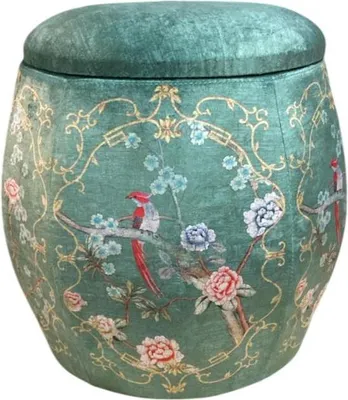 Immagine prodotto di Sgabello in velluto fine Asianliving con coperchio pouf rotondo verde a motivo di uccelli D43xH43cm