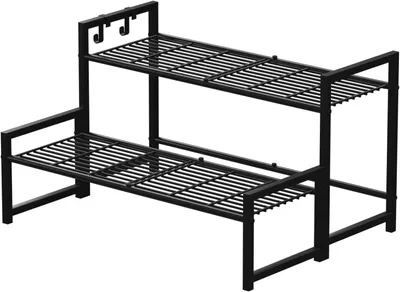 Produktbild von Blumenständer aus Metall, Pflanzenregal, 2-stöckiger Pflanzenständer, Blumenleiter mit hoher Tragkraft, Blumenregal für den Innen- und Außenbereich auf Balkonen und in Gärten, Regal für Zimmerpflanzen mit 2 Haken, (Schwarz)
