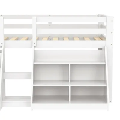 Produktbild von Flieks Kinderbett Hochbett 90x200cm mit 2 Regal, Etagenbett mit Led, Holzbett Einzelbett Stockbett mit Rausfallschutz und Lattenrost, Weiß