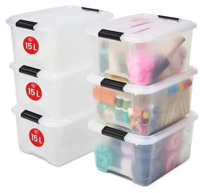 Produktbild von Iris Ohyama Aufbewahrungsbox mit Deckel, 15L, 6er-Set, Transparent, Schnappversc