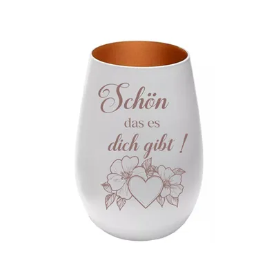 Produktbild von Stölzle Lausitz Windlicht aus Glas weiß bronze mit Lasergravur „Schön das es dich gibt“, persönliches Geschenk für Freunde, Familie und Partner