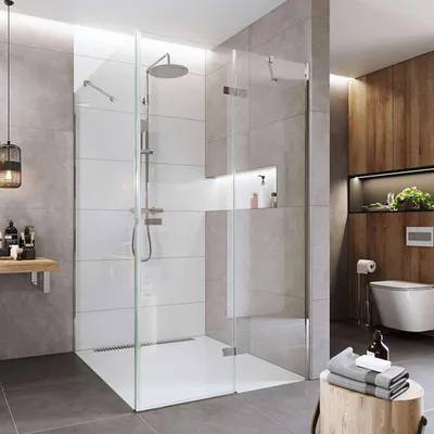 Imagen del producto de Mereo, cabina de ducha, modelo Novea, cuadrada, con puerta batiente, 90x90 cm, estructura de aluminio cromado, vidrio transparente, puerta derecha y panel fijo - CK10215ZP