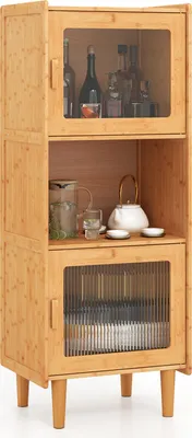 Produktbild von KOMFOTTEU 3 Ebene Buffetschrank aus Bambus, Küchenschrank Küchenbuffet 49,5 x 40 x 130 cm, Vitrinenschrank Aufbewahrungsschrank mit 2 Acryl Türen, Weinschrank Geschirrschrank