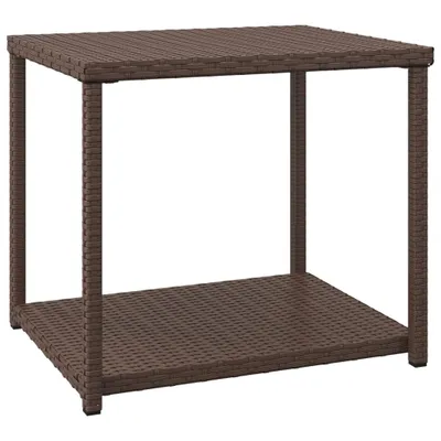 A brown poly rattan side table with two shelves, isolated on a white background.