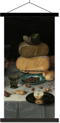 Produktbild von MuchoWow® Textilposter Stilleben mit Käse - Gemälde von Floris Claesz. van Dijck 60x120 cm mit schwarzem Rahmen - Magnete