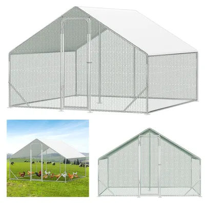 Obrázek produktu pro Volierový výběh pro slepice, rozměry 3 x 3 x 2 metry, plocha 9 m², se sedlovou střechou, ocelový rám s pozinkovaným povrchem o tloušťce 25 mm, zelené plastové pletivo a bílá ochranná plachta z polyetylenu (PE)