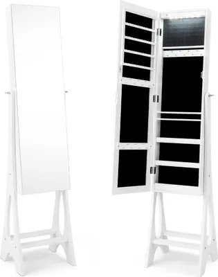 Image de Armoire à bijoux 2 en 1 avec miroir sur pied avec 12 LED Armoire à miroir verrouillable avec miroir pleine longueur blanc
