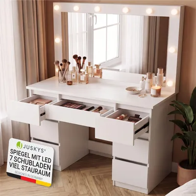 Produktbild von Juskys Schminktisch Lilia mit LED, 7 Schubladen & großem Spiegel – Weiß