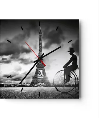 Produktbild von Wanduhr - Quadrat - Glasuhr - Paris Gentleman Fahrrad - 40x40cm - Schleichendes Uhrwerk - Lautlos - zum Aufhängen bereit - Dekoration Modern - Wanddekoration aus Glas - C3AC40x40-4204
