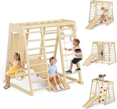 Produktbild von 9-in-1 großer Montessori Indoor-Klettergerüst für Kinder, Innenkletterwände, mit Schaukeln, Rutschen, Montessori Indoor-Spielplatz für 1-3 Jahre