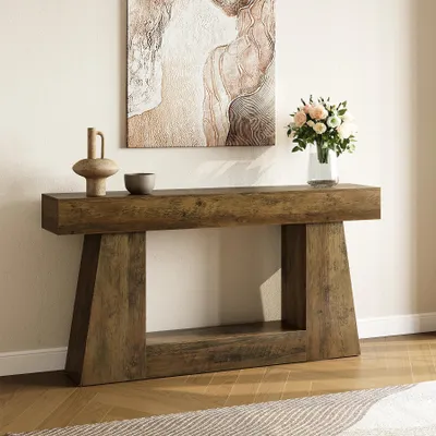 Obrázok produktu pre Konferenčný stolík Landhaus – model HOGA-J0372 – Úzky príkonový stolík 160x30x82 cm – Vhodný do predsiene alebo za pohovku – S odkladacími policami – Dubové drevo