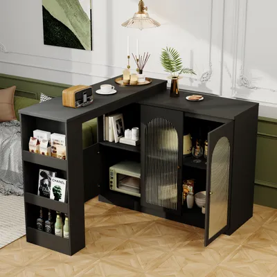 Produktbild von okwish Bartisch Hauptkörper 120 x 40 x 97 cm Moderner ausziehbarer Bartisch (Ausziehbarer Esstisch mit Glas für Esszimmer), für Küche, Wohnzimmer und Esszimmer,Schwarz