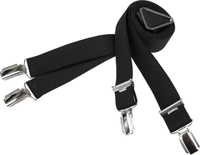 A black X-form suspender with metal clips, coiled on a white background.