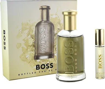 A gift set of Hugo Boss Bottled Eau de Parfum, including a full-size bottle and a travel-size rollerball, presented with its packaging.