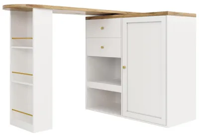 Image de Table de bar rotative à 360°, hauteur 102 cm, avec 2 tiroirs et 3 étagères ouvertes, extensible avec espace de rangement, de couleur blanche
